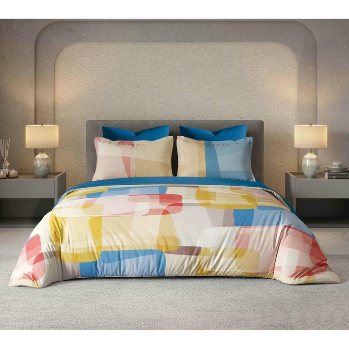 Set Lenjerie Eleganta CHIRASO, Finet, imprimat digital, pentru 2 persoane, 6 piese, Cearceaf de pat cu elastic 180x200 cm, Cearceaf pilota 200x230 cm, 2 fete perna 70x70 cm, cu imprimeu, crem-galben-albastru