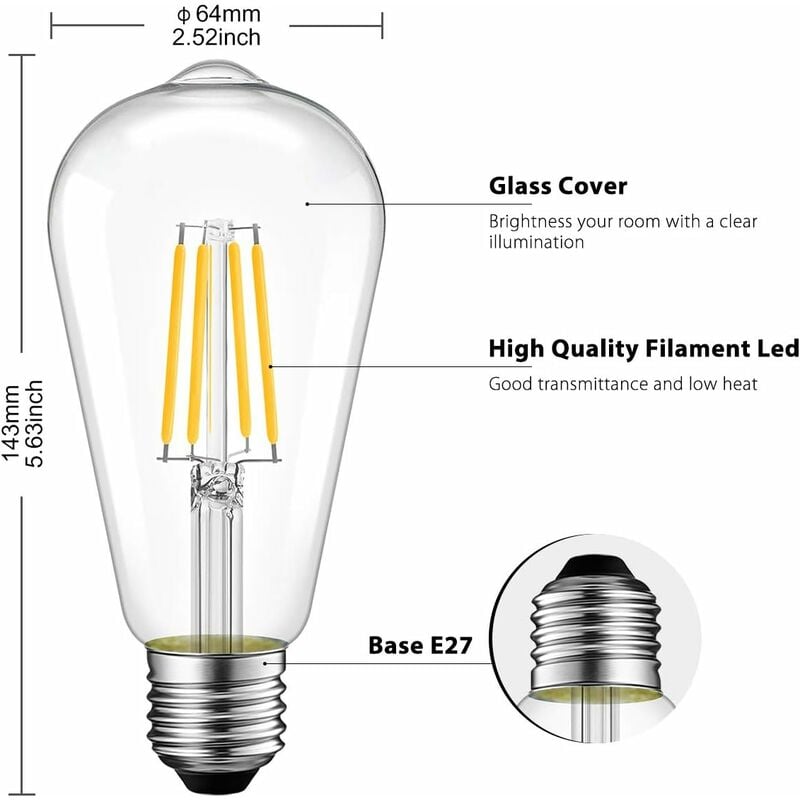 Bec Led Edison Set 6 Becuri LED Filament Vintage Edison, TNEAYWHE, 4W, 4000K, Sticla ...