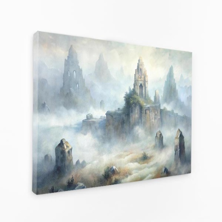 Картина на платно - Забравените градове се издигат през мъглата - Стил на рисуване с маслени бои - 30x50 cm