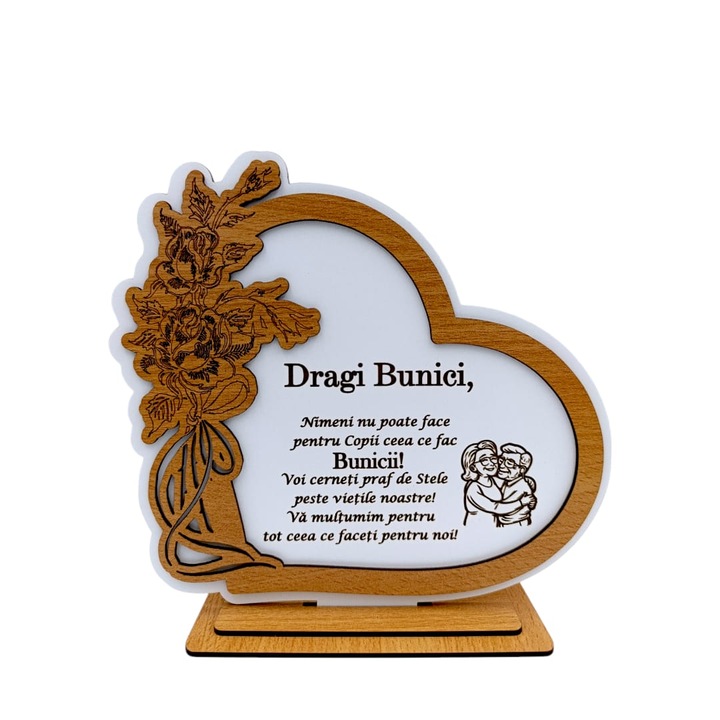 Decoratiune tablou inima, personalizat cu mesaj standard pentru Bunici, "Dragi bunici...", dimensiune 22cm, alb