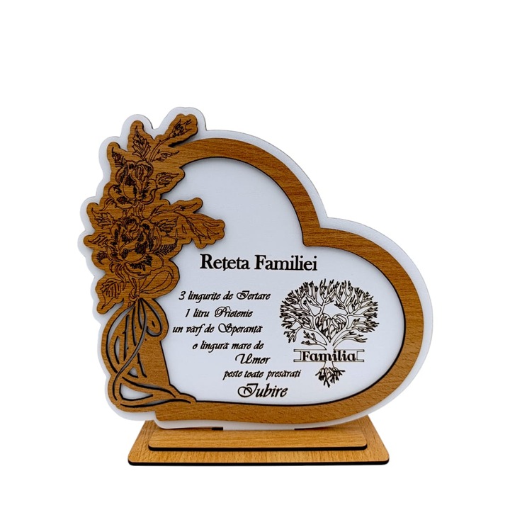 Decoratiune tablou inima, personalizat cu mesaj standard pentru familie, "Reteta Familiei", dimensiune 22cm, alb