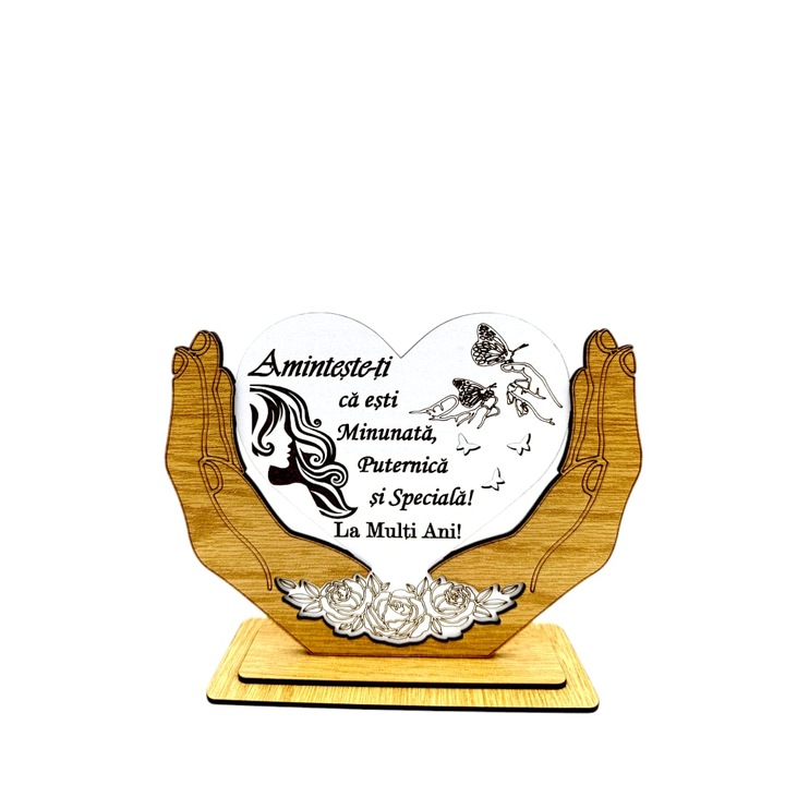 Decoratiune tablou Inima in palme, personalizat cu mesaj standard pentru prietena, sotie, iubita, "Aminteste-ti ca esti minunata" dimensiune 20x15cm, alb