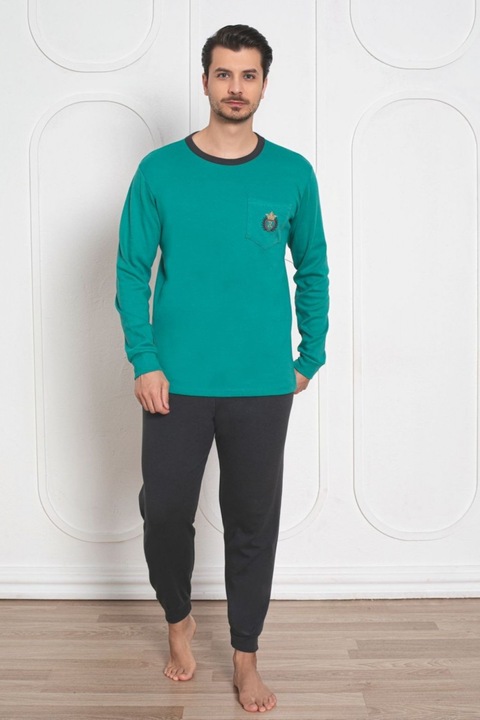Férfi pizsama, vastag minőségi interlock pamut, ujjú és hosszú nadrág zöld 8592, Zöld