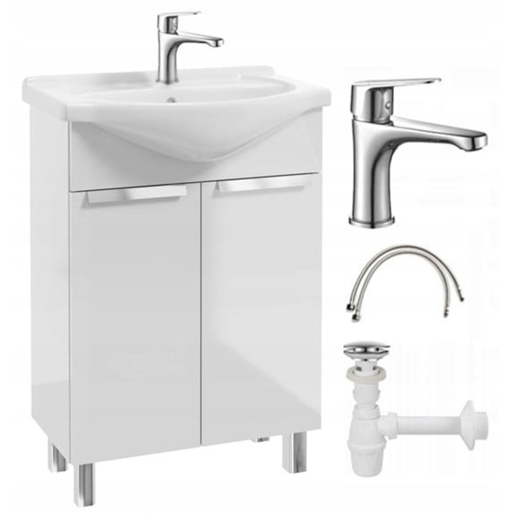 Dulap baie pe podea cu chiuveta, robinet si sifon, DomoDomo, alb lucios, 60x85cm