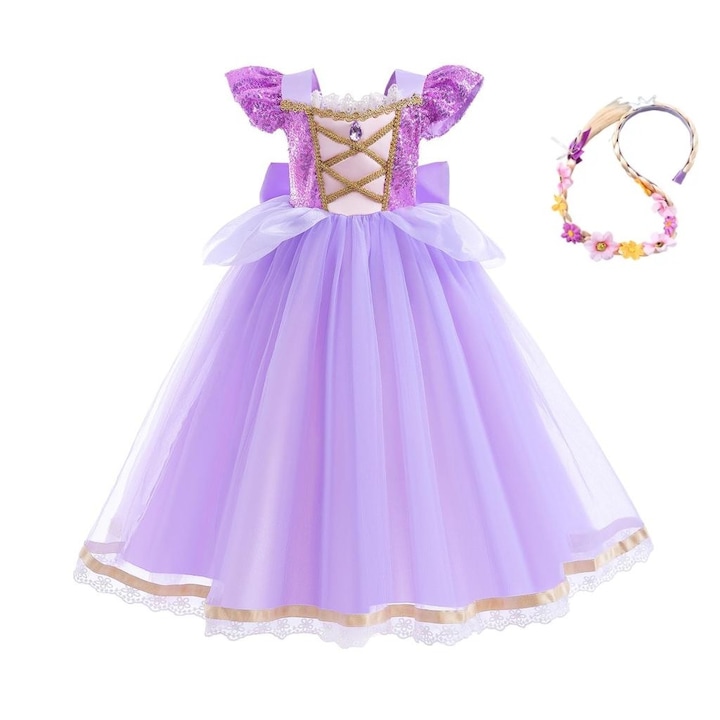 Costum fete Rapunzel, rochie mov cu funda, bentita cu coada impletita si flori, Funny Party Shop®, 3-4 ani