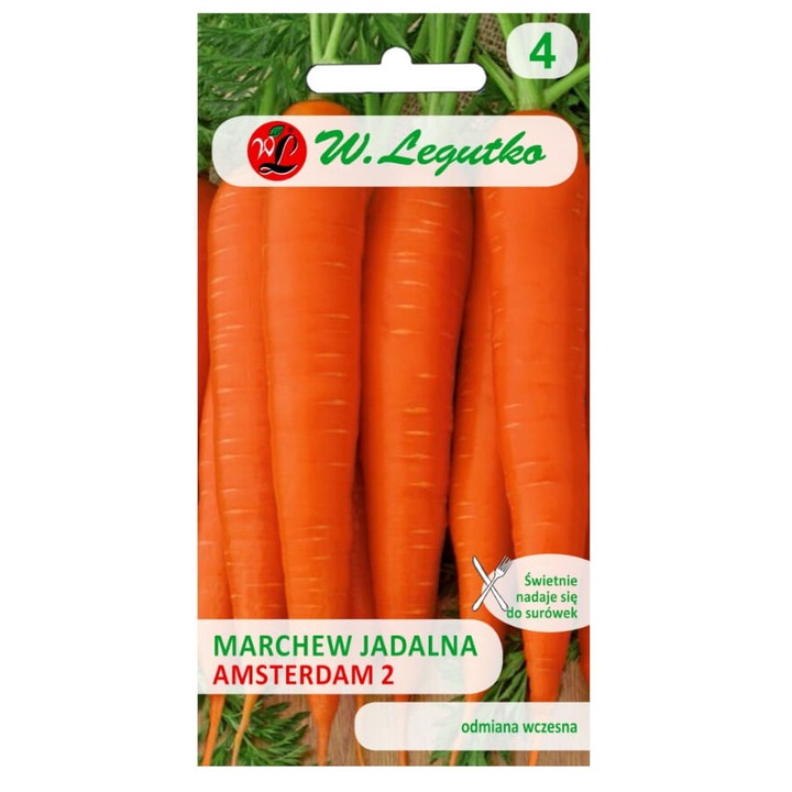 Seminte de morcovi comestibili Amsterdam 2, W. Legutko, 5.00+1g, distanta 25-35cm x 5cm, perioada de plantare martie-mai, septembrie