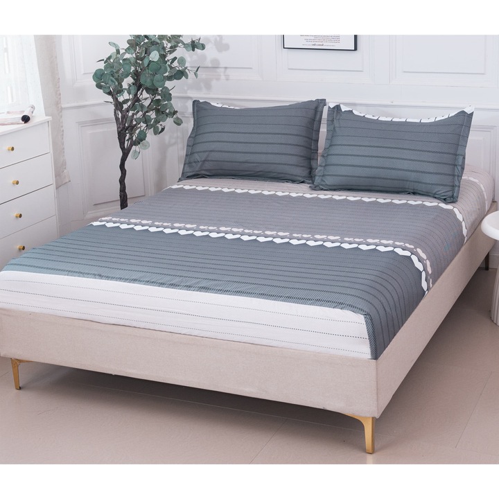 Set Husa de pat cu elastic CHIRASO, din Bumbac Satinat, Cearceaf cu elastic 180 x 200 cm si 2 fete de perna 52 x 80 cm, 3 piese, cu imprimeu, gri-gri deschis