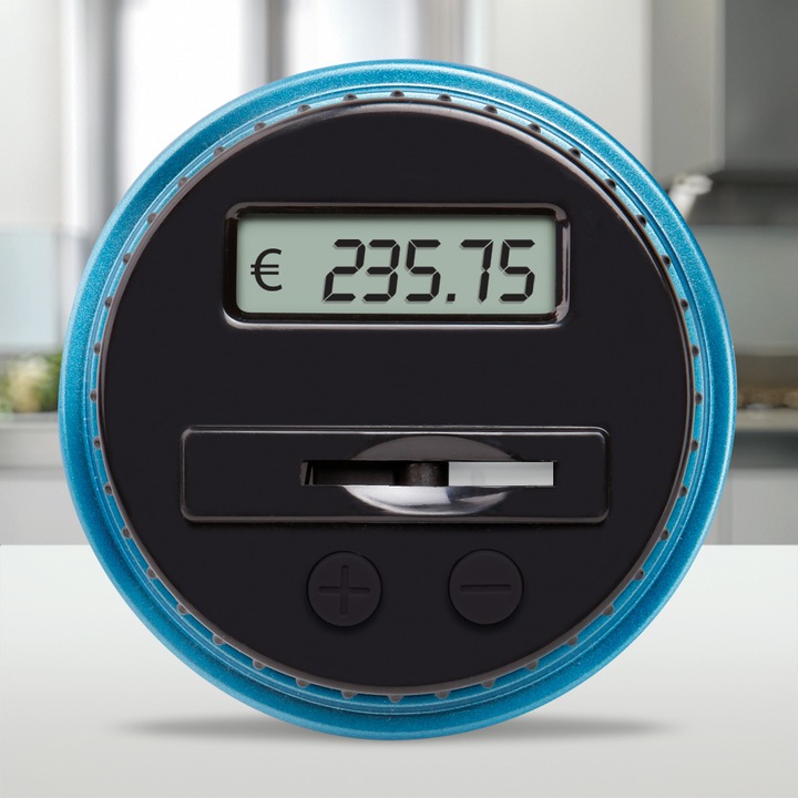 Banca de economii automata cu contor, transparenta, ecran LCD, 10x15cm