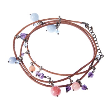 Bratara GANELLI multifunctionala pentru mana, glezna sau colier choker, din piele naturala bej, pietre semipretioase , Rodocrozit, Calcedonia, Cristal helix Bratara GANELLI multifunctionala pentru mana, glezna sau colier choker, din piele naturala bej, pietre semipretioase , Rodocrozit, Calcedonia, Cristal helix