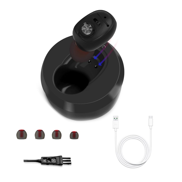 Акумулаторен интраурален слухов апарат, Axroad Mall, Звуков усилвател с интелигентно шумопотискане, Регулируема сила на звука, Автономност до 30 часа, С бутон за превключване, За средна до тежка загуба на слуха, ABS, Черен