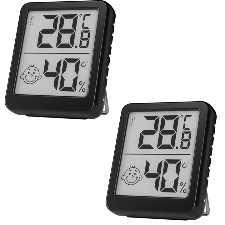 Комплект от 2 стайни термометри и влагомери, Hggzeg, Smart Thermometer/Hygrometer, Digital, LCD дисплей за температура и влажност, Индикатор за комфорт, 3 вида монтаж, За дома, оранжерия, влечуги, мазета, ABS, 52 x 45 x 11 cm, черен