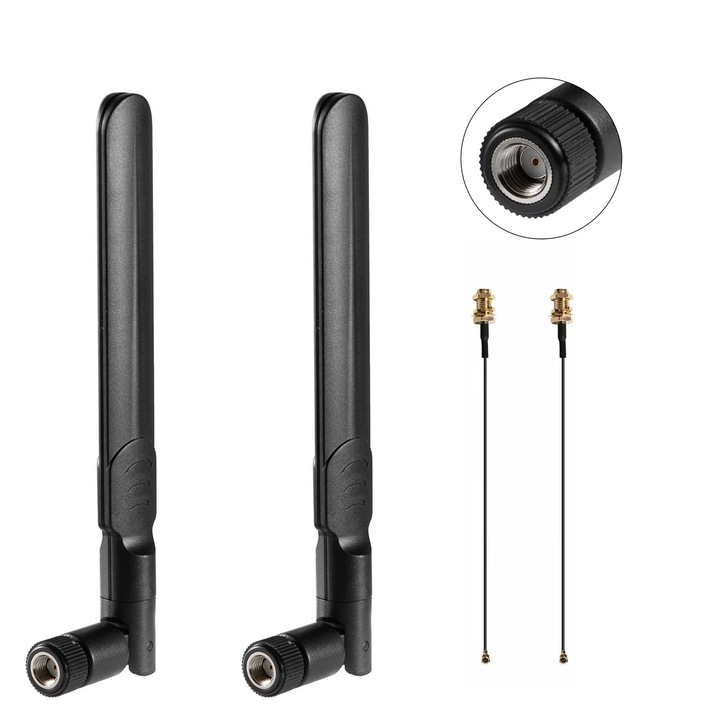 2 db antenna készlet SMA csatlakozóval, SINBINTA, anya, 10 cm-es kábellel, 8DBi, 2400-2500MHZ/4900-5900MHZ, Összecsukható, Kompatibilitás, Kültéri vagy beltéri, ABS, 13,5*2,5 cm, Fekete