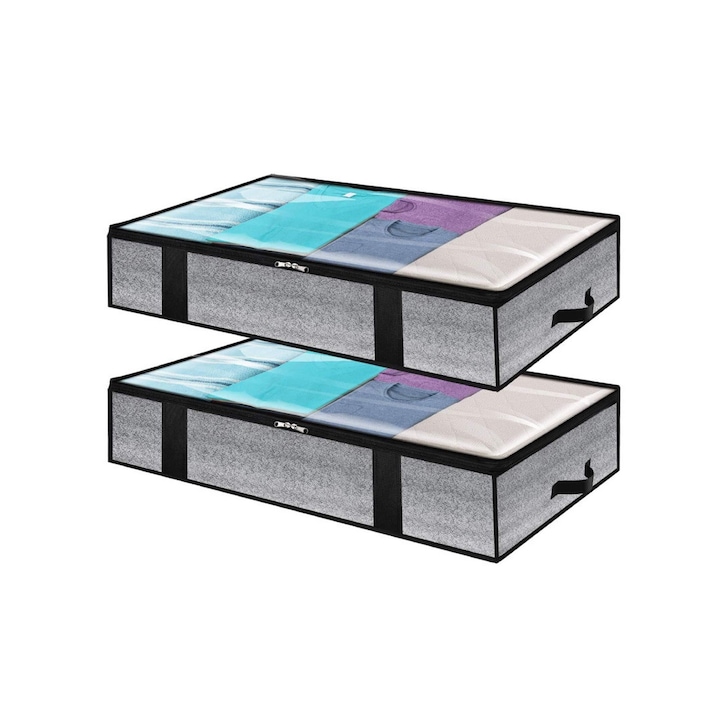 Set 2 cutii depozitare, SINBINTA, Saci de depozitare pliabile sub pat pentru paturi, Cu maner ranforsat si fereastra transparenta, Durabila, Pentru haine, paturi, plapumi, perne, lenjerii de pat, jucarii, 90L, 100*50*18cm, Gri