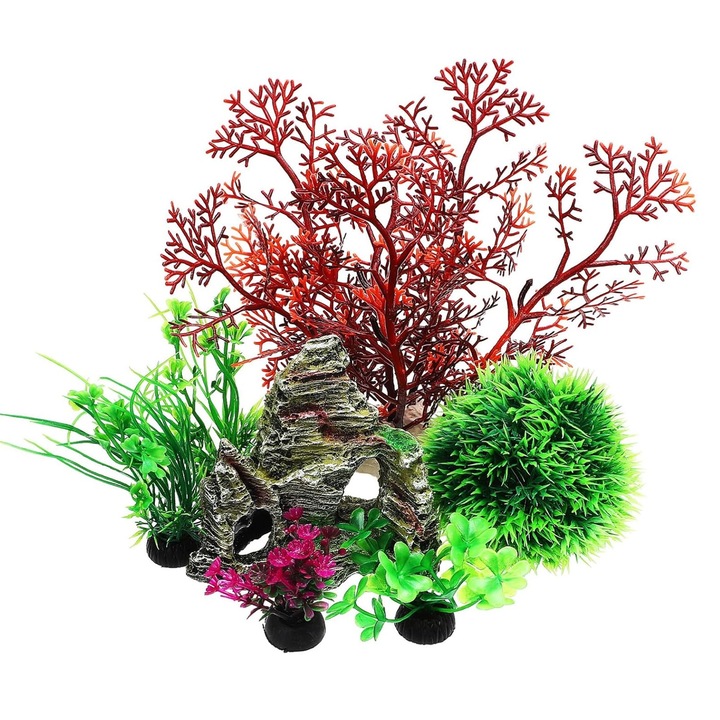 Set 7 decoratiuni acvariu, Hggzeg, Planta artificiala acvariu, Reutilizabile, Portabil, Nu se estompeaza, Non-toxic si inofensiv, Usor de curatat, Radacina detasabila, Baza stabila, Rezistent la deformare, Pentru acvarii, Rasina, 16x23.7cm, Multicolor