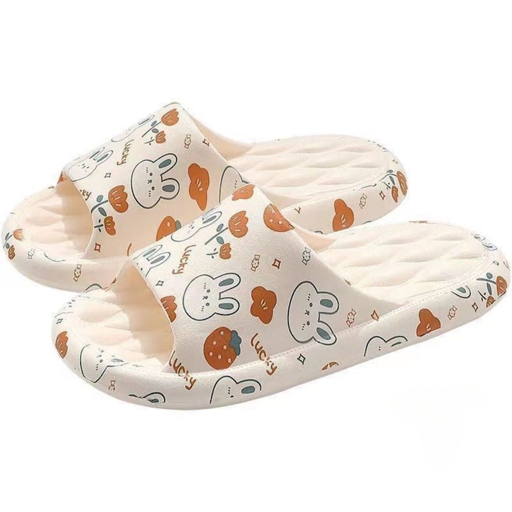 Papuci Ronyes, spuma EVA, antiderapanti, model iepure capsuni, alb, Alb, 40-41