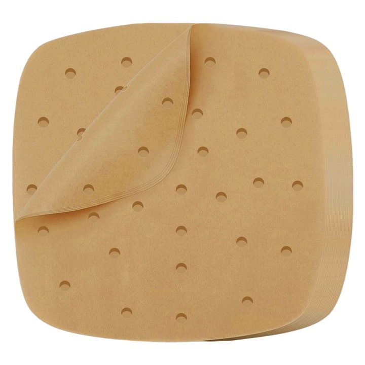 Set 100 de bucati hartie de copt, SINBINTA, Hartie pentru friteuza aer, Perfoartii, Patrat, Rezistente la caldura 250°C, Rezistent la ulei si la apa, Neadeziv, Material alimentar, Usor de utilizat, Pentru cuptor si friteuza, Hartie, 21.5 * 21.5cm, Maro