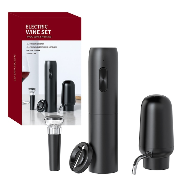 Set aerator electric, SINBINTA, Set de deschizatori de vin electric 4 in 1, Deschizator de vin reincarcabil, Aerator de vin reincarcabil, Taietor de folie si dop de vin cu vid, Pentru petrecere, bar, acasa, ABS, Negru