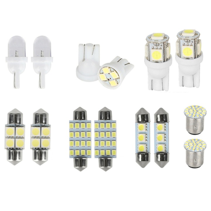 Set 14 becuri LED auto, SINBINTA, Lumina alb 6500K, Convenabil de instalat, Pentru lumina de plafon, lumina de harta, lumina de placuta de inmatriculare, lumina de control al usilor, lumina de semnalizare laterala din fata si din spate, Alb