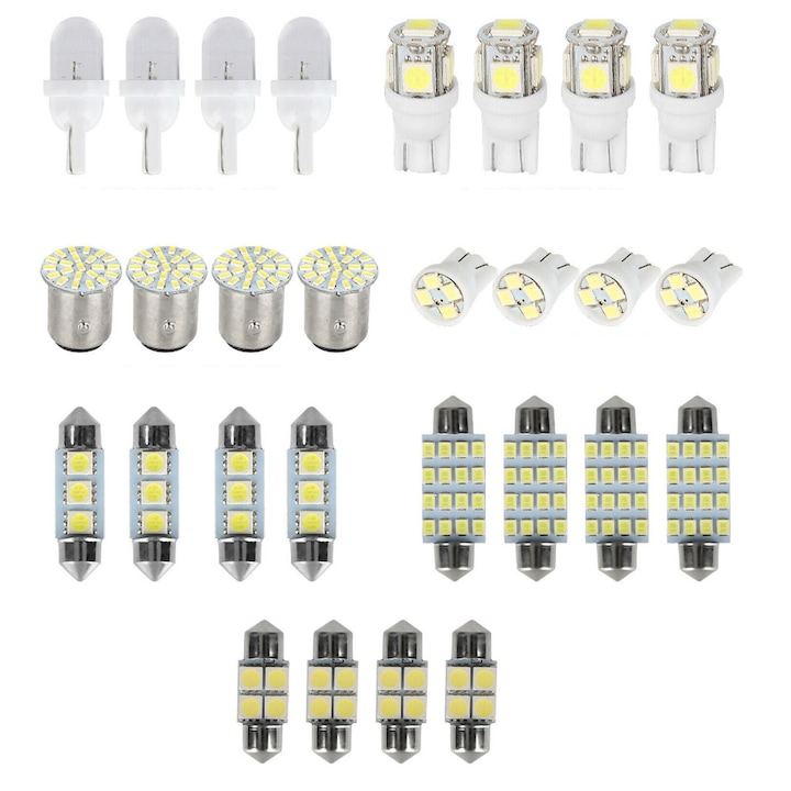 Set 28 becuri LED auto, SINBINTA, Lumina alb 6500K, Convenabil de instalat, Pentru lumina de plafon, lumina de harta, lumina de placuta de inmatriculare, lumina de control al usilor, lumina de semnalizare laterala din fata si din spate, Alb