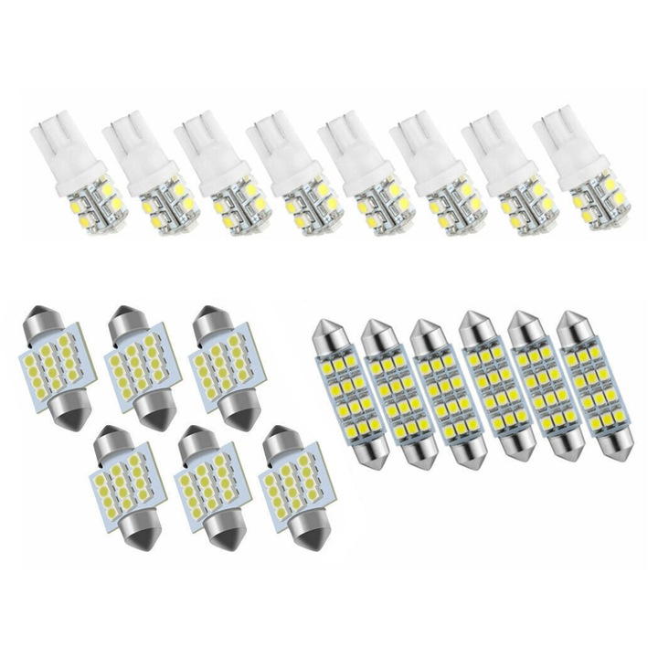Комплект от 20 LED автомобилни крушки, SINBINTA, Бяла светлина 6500K, Удобни за монтаж, За осветление на тавана, осветление на картата, осветление на регистрационния номер, осветление на вратата, предна и задна странична габаритна светлина, Бяла