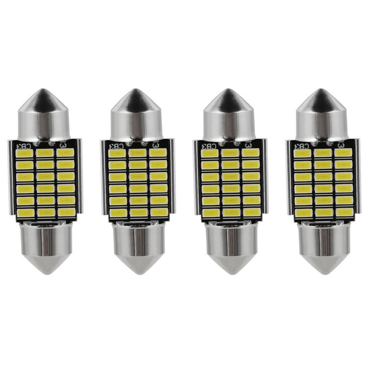 Set 4 becuri LED auto, SINBINTA, Lumina alb 6500-7500k, 12V, 2W, Rezistent la apa si praf, Pentru luminile de accesoriu, de frana, de placuta de inmatriculare, de harta si de parcare, Aluminiu, 31mm, Argintiu