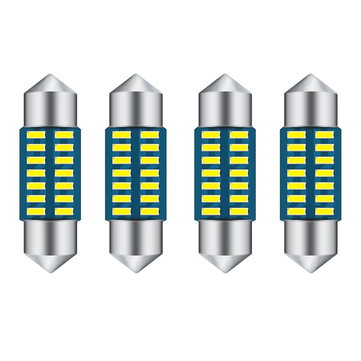 Set 4 becuri LED auto, SINBINTA, Lumina alb 6500K, 12V, 1.2W, Instalare simpla, Pentru luminile de accesoriu, de frana, de placuta de inmatriculare, de harta si de parcare, Aluminiu, 31mm, Argintiu