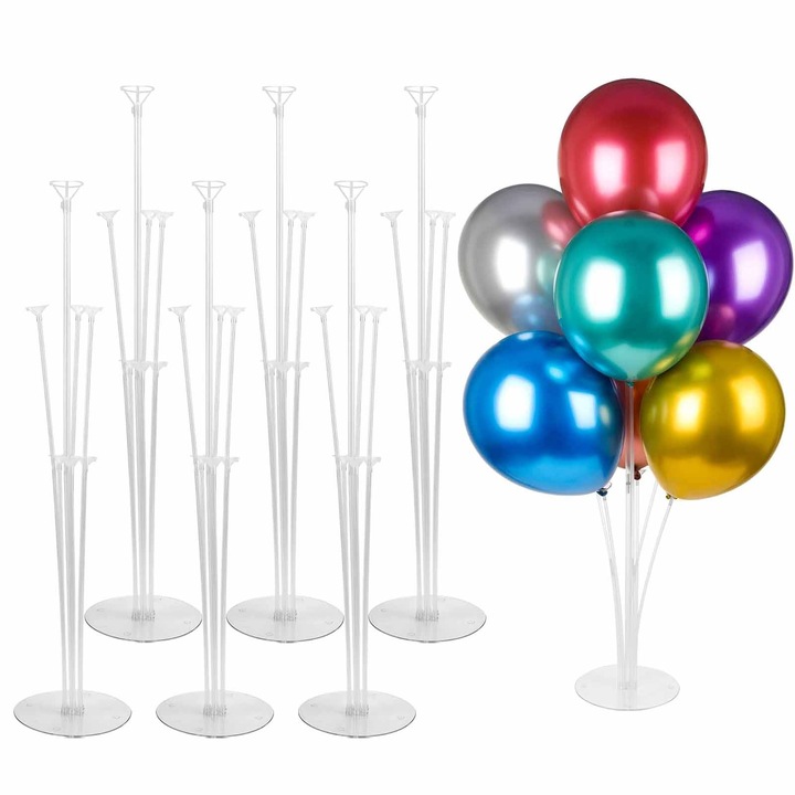 Set 6 suporturi pentru baloane, SINBINTA, Coloane pentru baloane, Aranjament 7 baloane, Montaj rapid simplu, Pentru aniversare, nunta, ziua de nastere, decorare de petrecere, Inaltime 71 cm, Transparent