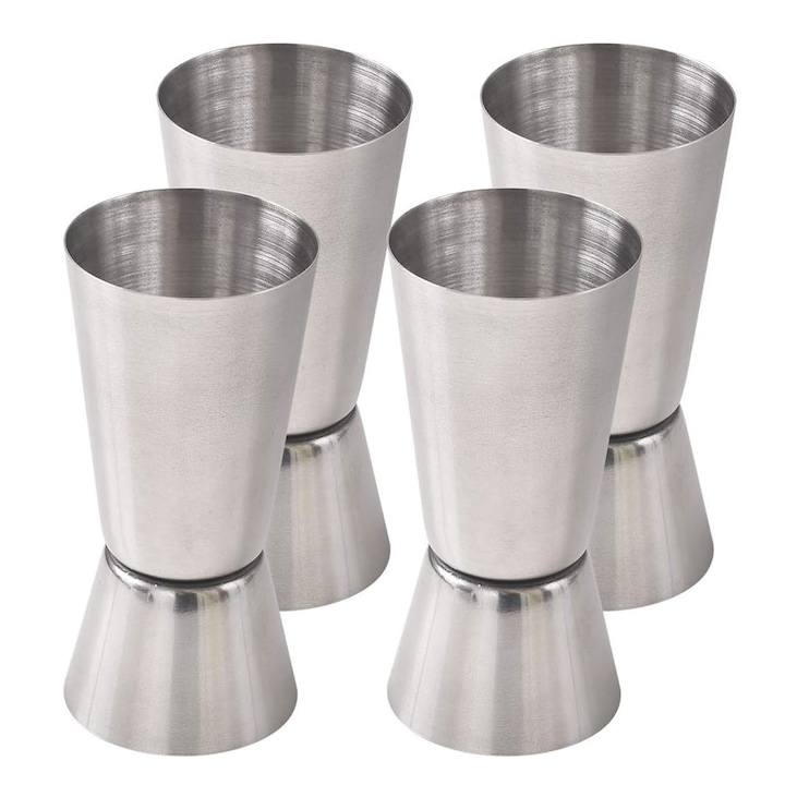 Set 4 pahar de masurare metalic, SINBINTA, Model dublu, 15ml/30ml, 20ml/40ml, 25ml/50ml, 30ml/60ml, Usor de curatat, Pentru bauturi alcoolice, cocktail, si baruri, restaurante, Otel Inoxidabil, Argintiu