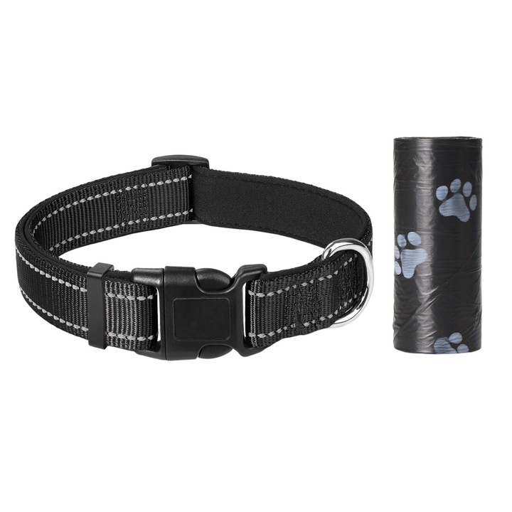 Zgarda reflectorizanta pentru caini, SINBINTA, Saci de gunoi inclus, Reglabila si respirabila, Moale si confortabila, Catarame in D din inox, Usor de purtat, Vizibilitate noptii, Pentru plimbari sau antrenamentele, Nylon, XL, Negru