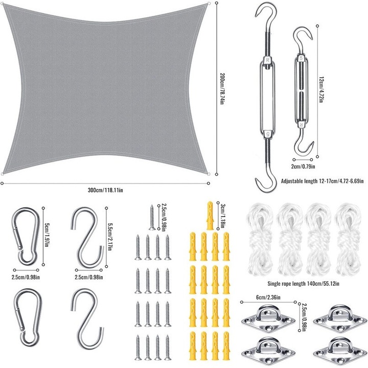 Copertina de gradina impermeabila 3x2m cu kit de fixare, pentru terase, balcoane, gri