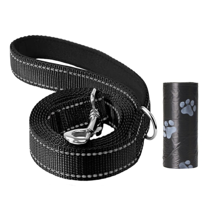 Lesa pentru caini, SINBINTA, Lesa reflectorizanta, Saci de gunoi inclus, Moale si respirabila, Usor de purtat, Vizibilitate noptii, Masina de spalat, Pentru plimbari sau antrenamentele, Fibre sintetice, 180x2.5cm, Negru