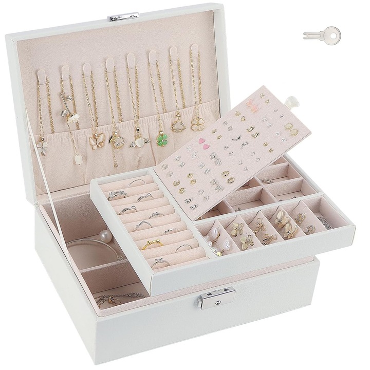 Cutie bijuterii, Hggzeg, Cutie de bijuterii cu 2 nivele si cheita, Design cu mai multe compartimente, Tesatura de plus, Rezistent la apa si umiditate, Pentru inele, coliere, cercei si bratari, Piele PU, 23x 17 x 9cm, Alb