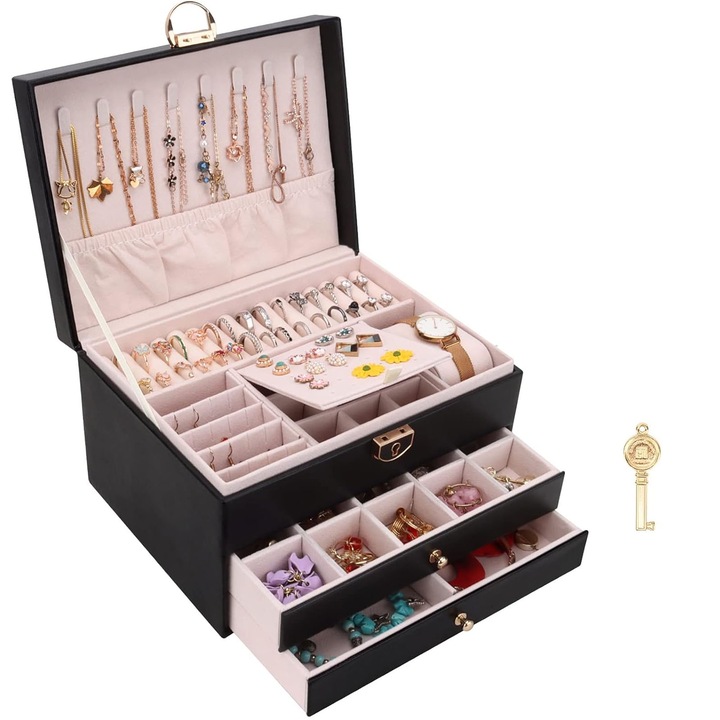 Кутия за бижута, Hggzeg, С 3 чекмеджета, Прахоустойчива, За пръстени, Колиета, Обеци и Гривни, Кадифен материал, Изкуствена кожа, 23 x 17 x 13,5 см, Черна