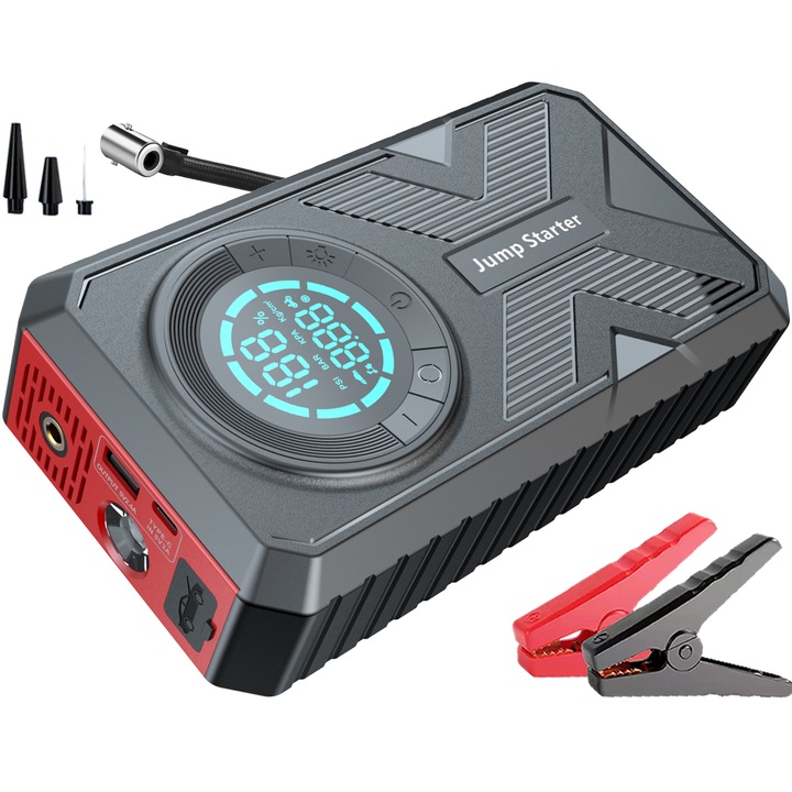 Автомобилен стартер HouDeOS® за бензинов/дизелов двигател, Функция въздушна помпа, Максимален ток 1600A, 12 V, Интелигентен щипка за акумулатор, антиреверсна връзка, Подходящ за работен обем под 7,0 литра, Черно и червено