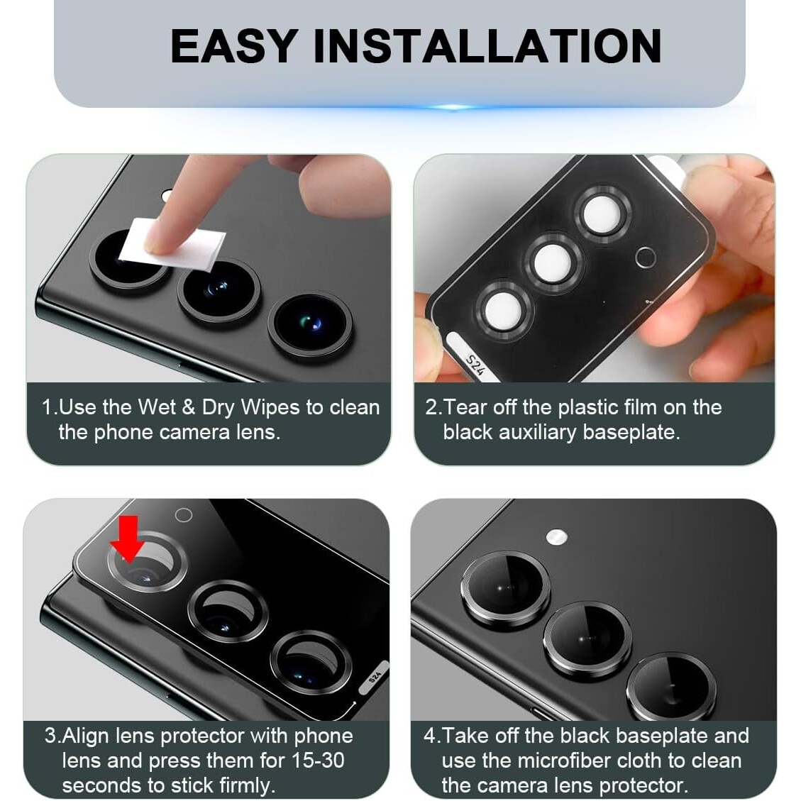 Protector pentru lentile pentru camera pentru Samsung Galaxy S23 FE, MDUG film de ecran al lentilei din aluminiu din aluminiu, capac de lentile protector de ecran, protectie pentru camere spate 9H, sticla temperata cu ghid de aliniere, argint