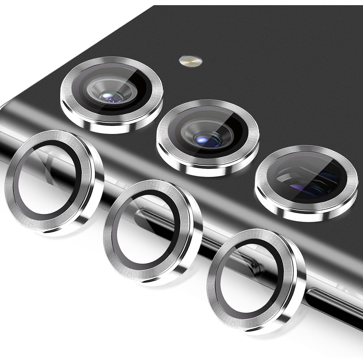 Protector pentru lentile pentru camera pentru Samsung Galaxy S23 FE, MDUG film de ecran al lentilei din aluminiu din aluminiu, capac de lentile protector de ecran, protectie pentru camere spate 9H, sticla temperata cu ghid de aliniere, argint