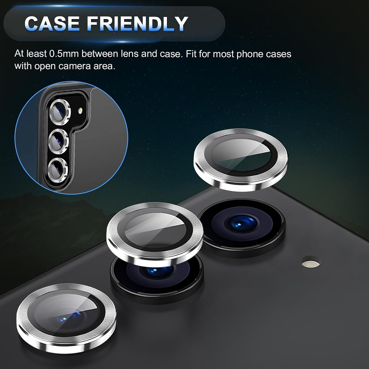 Protector pentru lentile pentru camera pentru Samsung Galaxy S23 FE, MDUG film de ecran al lentilei din aluminiu din aluminiu, capac de lentile protector de ecran, protectie pentru camere spate 9H, sticla temperata cu ghid de aliniere, argint
