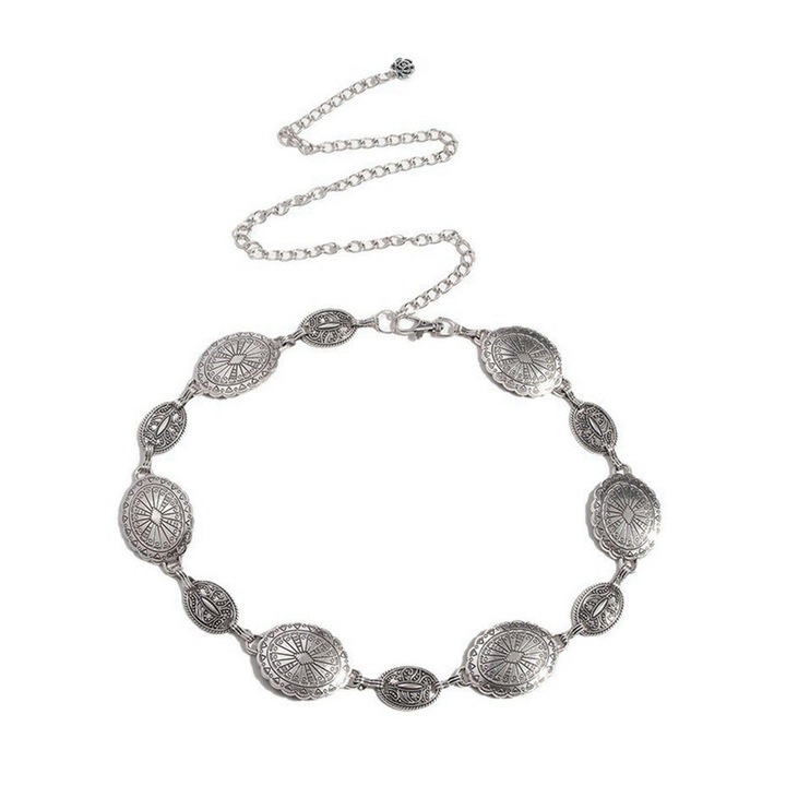 Női öv, állítható fém öv, vintage dizájn gravírozással