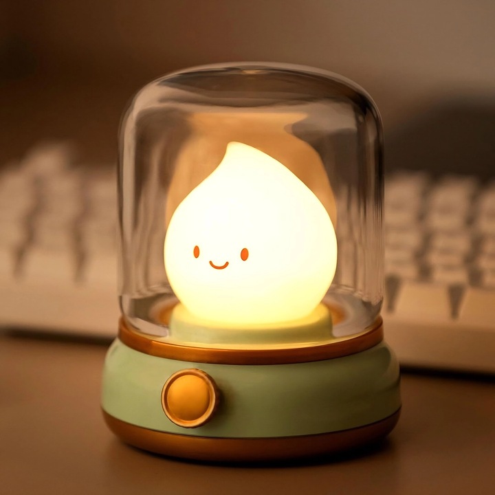 Lampa De Veghe Modern, Excitat®, Lampa cu flacara Chibi draguta, Lumina confortabila, Luminozitate ajustabila, 2 moduri lumina, Lampa portabila pentru dormitor, decorare, Verde