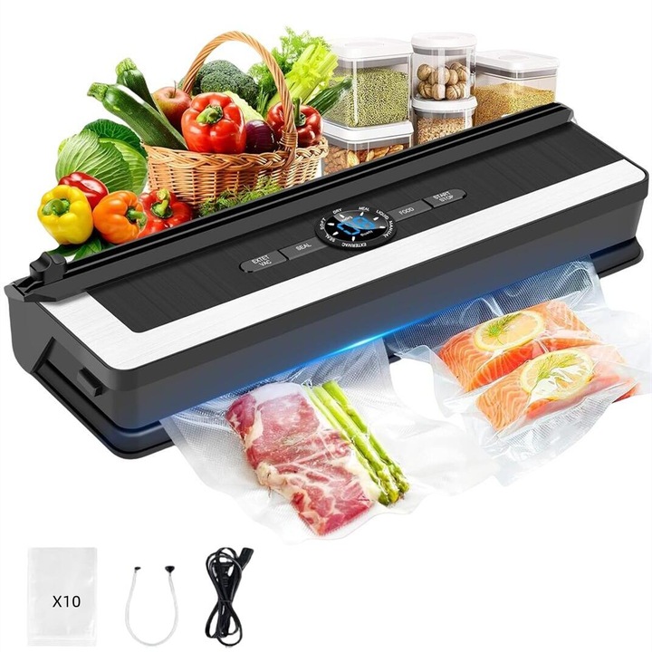 Уред за вакуумиране и запечатване на храни, MOSMAOO®, 7 режима на вакуумиране и функция за сухо и мокро запечатване, 135 W, 85 kpa, LED дисплей, автоматичен вакуум, 5 mm нагревателна жица, ширина 31 cm, с 10 торбички 17x25 cm, матово черно