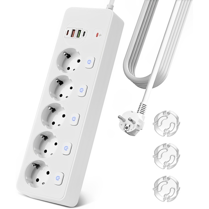 Разклонител BYONDSELF®, 3250 W, PD 20 W, 5 изхода, 2 USB C/2 USB A, 2 M, с 3 защитни капака на изхода, за домашен офис, бял