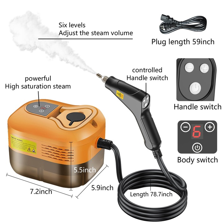 Aparat de curatat cu abur, WALALA, 2500W, 1200ml, 3 perii, portocalie
