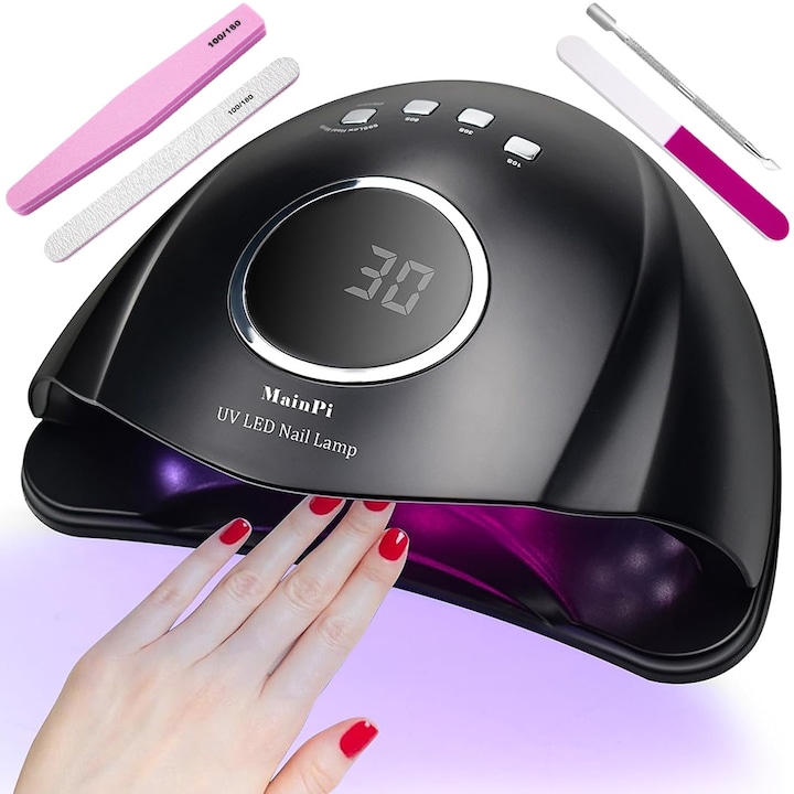 UV LED körömlámpa, BYONDSELF®, 168 W, intelligens érzékelés, 10s/30s/60s/99s, LCD digitális kijelző, csiszolószalaggal, fekete