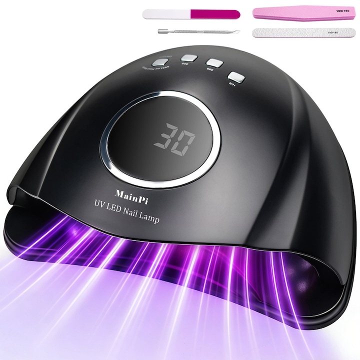 Lampa Profesionala Unghii UV LED, BYONDSELF®, 168W, Detectie Inteligenta, cu Pila Unghii, Uscare 10s/30s/60s/99s, 42 Leduri UV, LCD Afisaj Digital, pentru Manichiura Salon, Casa, Negru