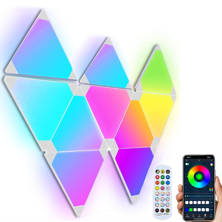 10 Smart Modular LED fénypanel, RGBIC, Wi-Fi, zeneérzékelő, távirányító és alkalmazás kompatibilis iOS/Android, Tuya, Google Home, Amazon Alexa, zeneérzékelővel