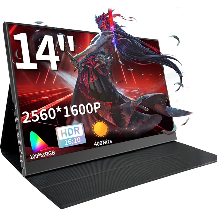 WUFK hordozható monitor, 14", 2,5K, 2560x1600, HDR, 100% sRGB, 400 nit, IPS, ultravékony, HDMI, USB-C, könnyű és elegáns