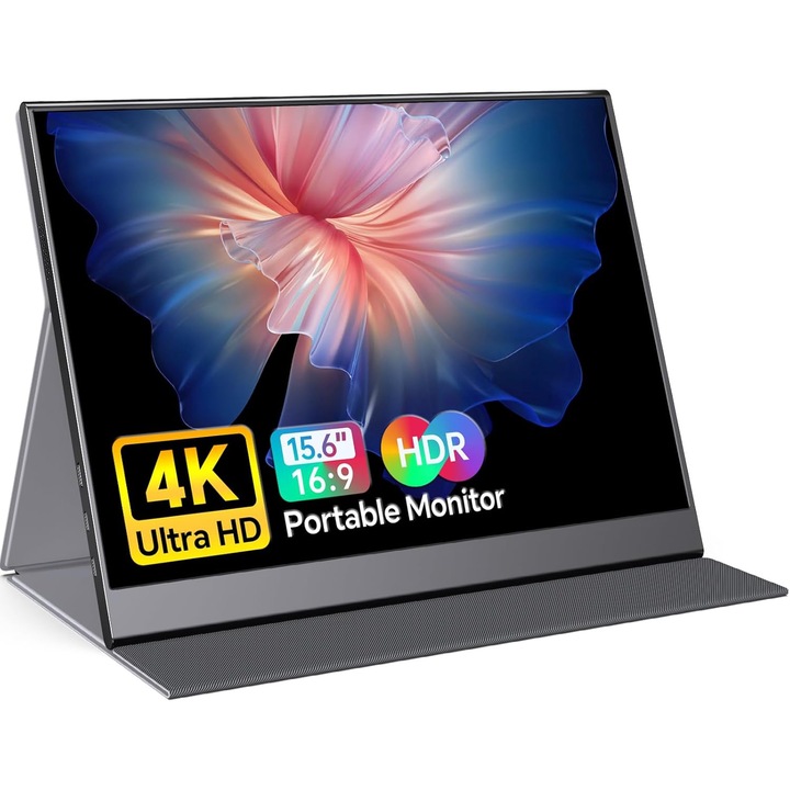 wufk hordozható monitor, 15,6" 4K UHD, 100% sRGB, HDR, IPS, HDMI, USB Type-C, kettős hangszóró, ultravékony, fekete