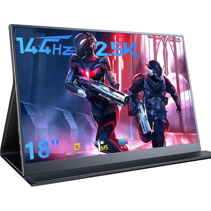 WUFK hordozható monitor, 18.0", 2.5K, 2560×1600, 144Hz, DCI-P3, HDR, IPS, HDMI, USB Type-C, kettős hangszóró, ultravékony, fekete