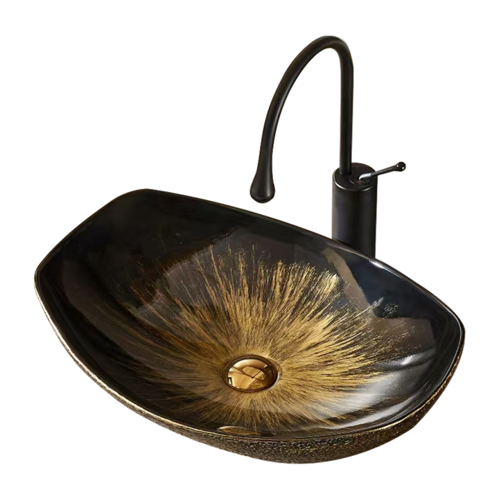 Lavoar oval din ceramica, MEJE, design vintage, aurie, 56,5x40,3x15,5cm