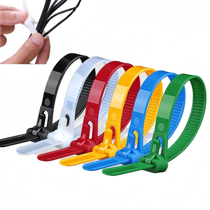 Többször használható kábelkötegelő, 100 db, ipari nylon, 4,6x200mm, szakítószilárdság 15kg, többszínű